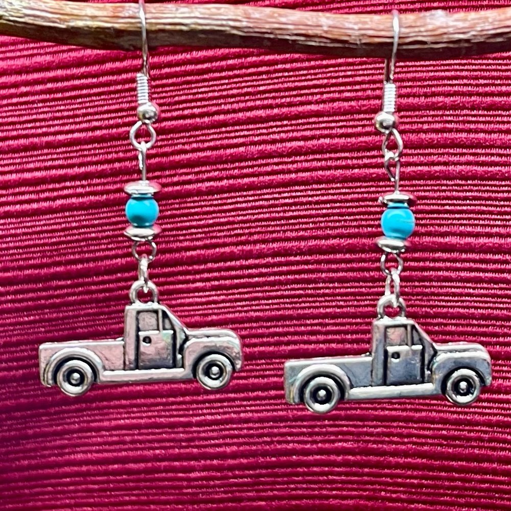 Silver Colored Pick Up Truck Earrings with Turquoise Beads!